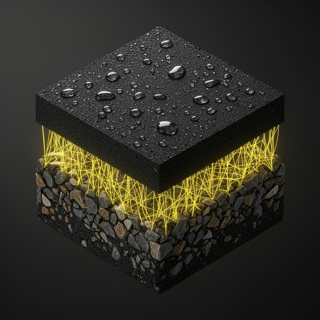 Asphalt cross-section showing rejuvenator penetration network through the bitumen layer