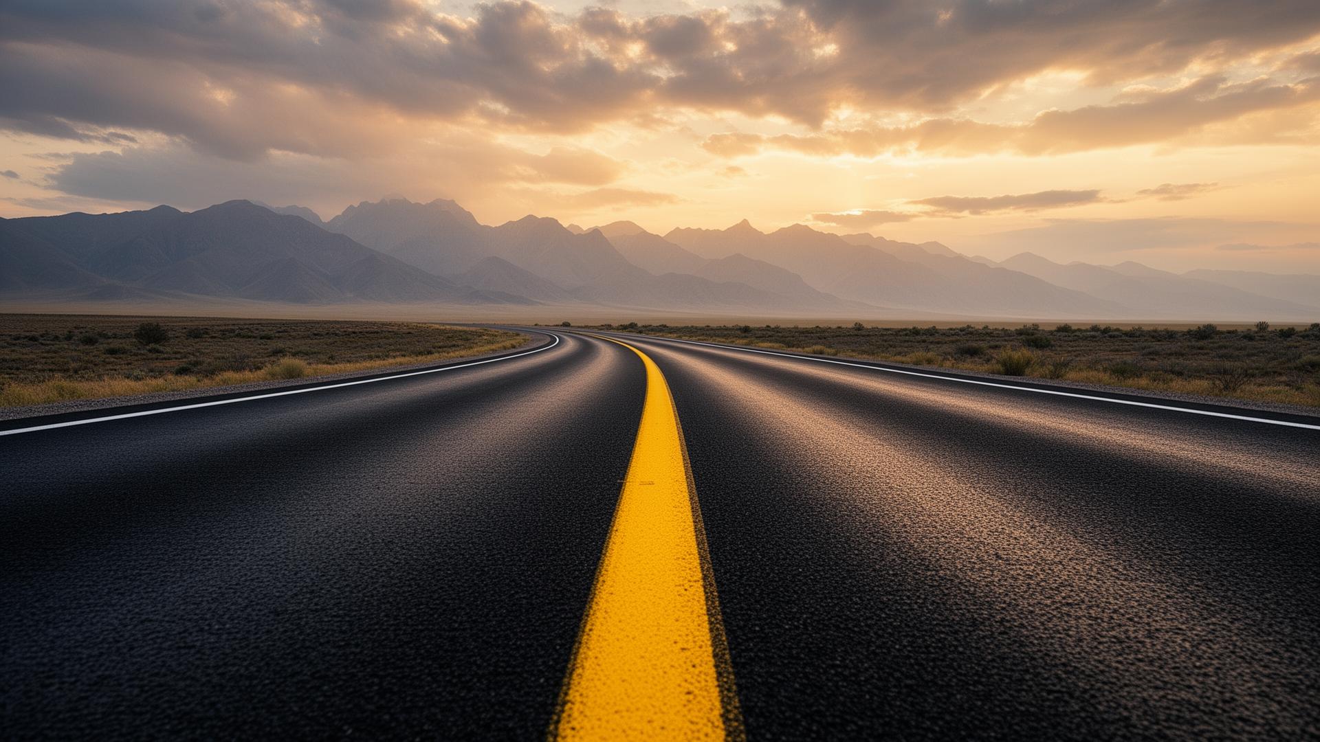 Freshly treated asphalt road with yellow centre line leading to mountains